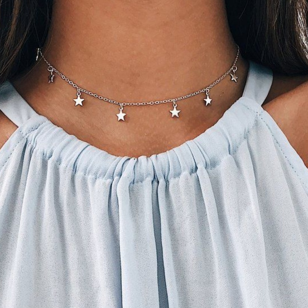 Delicate Shiny Silver Star Dangle Choker Necklace